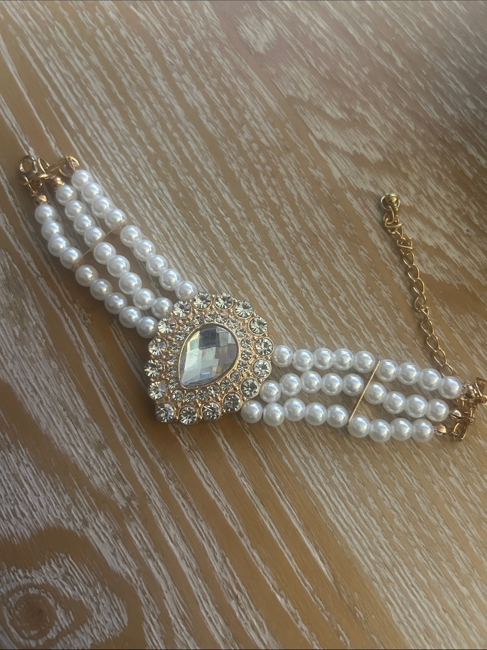 3 strand Pearl and Teardrop Rhinestone Bracelet - bridal - prom - vintage look
